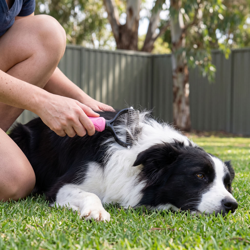 Apollochi dematting comb being raked through a border collie's coat on an Australian backyard lawn