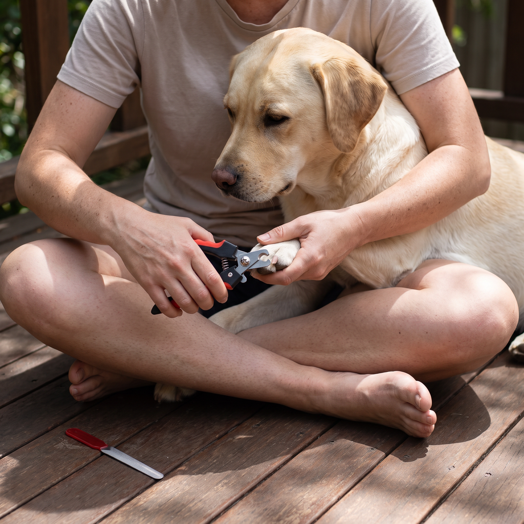 Apollochi dog nail clippers with file being used on a labrador's front paw on a shaded Australian backyard deck