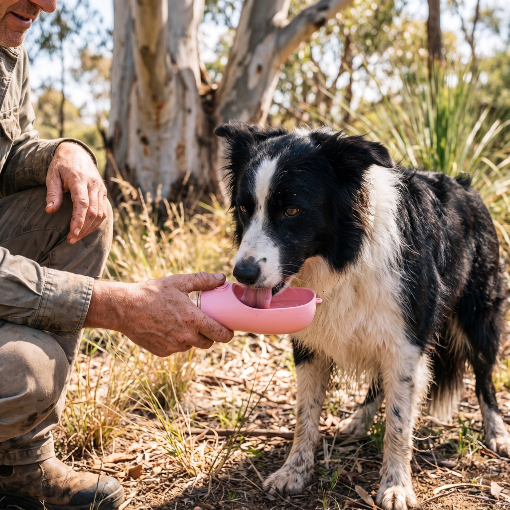 Apollochi portable dog water bottle held out with its flip-up bowl filled while a border collie drinks in an Australian backyard