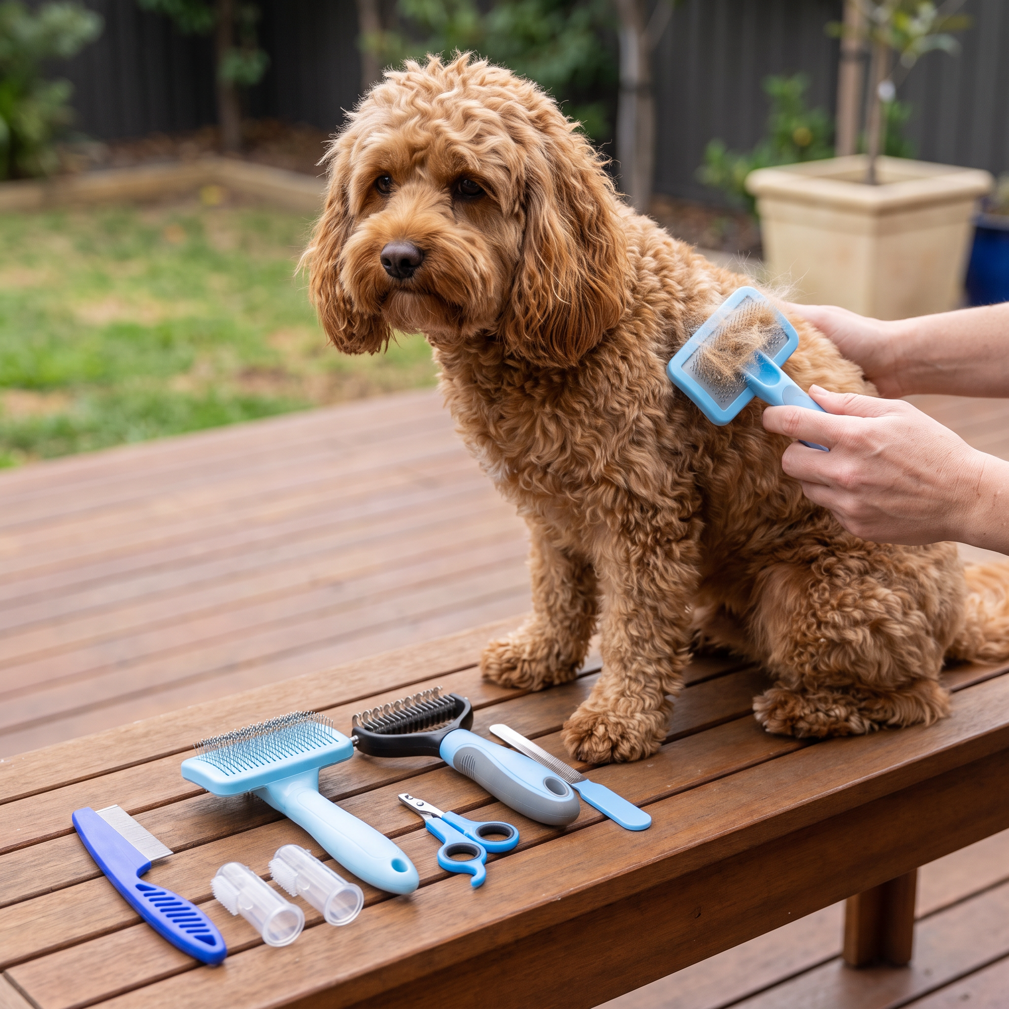 Apollochi complete pet grooming kit laid out on an Australian backyard deck bench beside a cavoodle being brushed