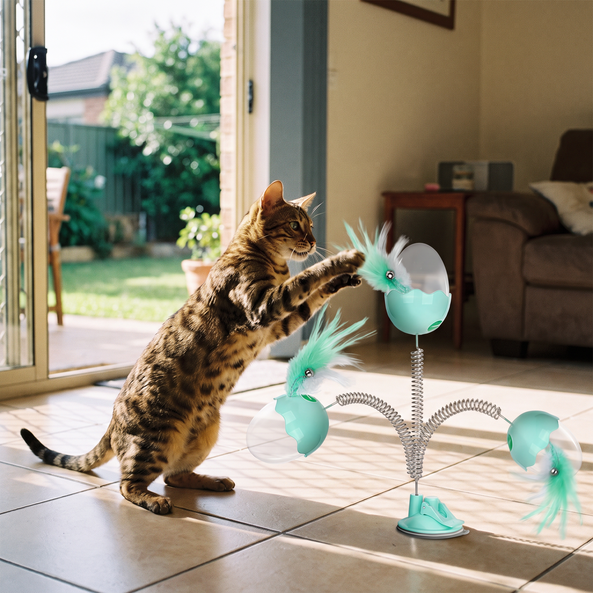 Apollochi spring feather cat toy suction-cupped to a tiled floor while a bengal cat plays with it in an Australian living room