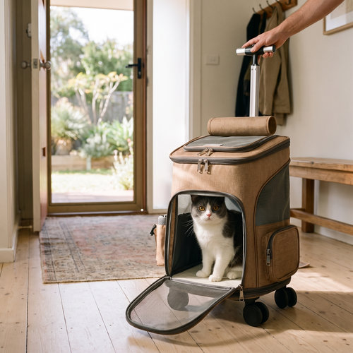 Apollochi cat carrier with wheels standing upright in an Australian home entryway with a British Shorthair cat sitting inside the open door