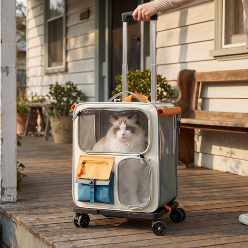 Apollochi cat backpack carrier wheeled in trolley mode on an Australian verandah with a Ragdoll cat visible through the mesh window