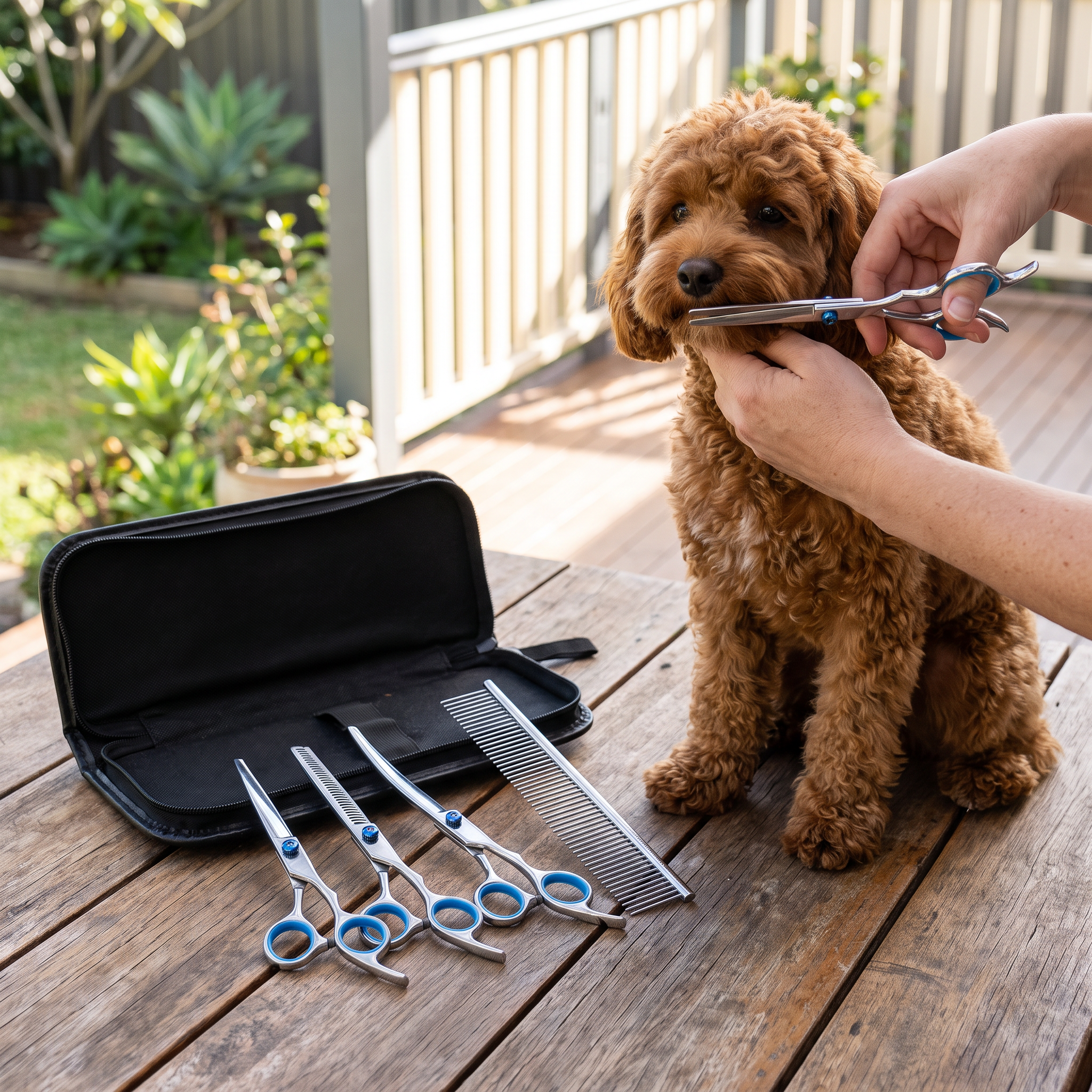 Apollochi dog grooming scissors kit laid open on an Australian backyard deck table while a cavoodle is trimmed