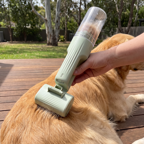 Apollochi cordless handheld dog grooming vacuum, single unit with clear fur canister, its slicker brush head being drawn through a golden retriever's coat on an Australian backyard deck