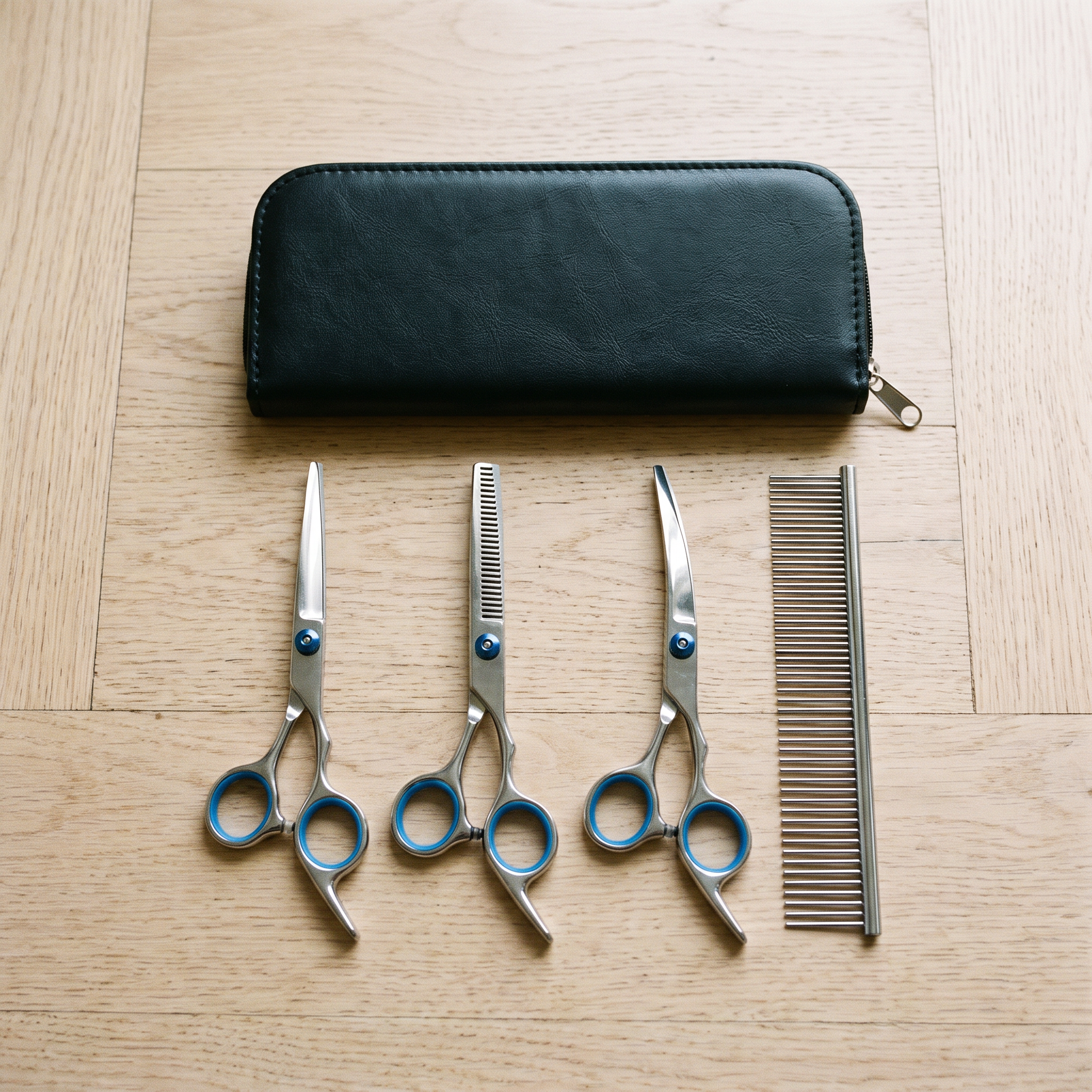 Top-down flat lay of the Apollochi dog grooming scissors kit with straight, thinning and curved shears, steel comb and storage case