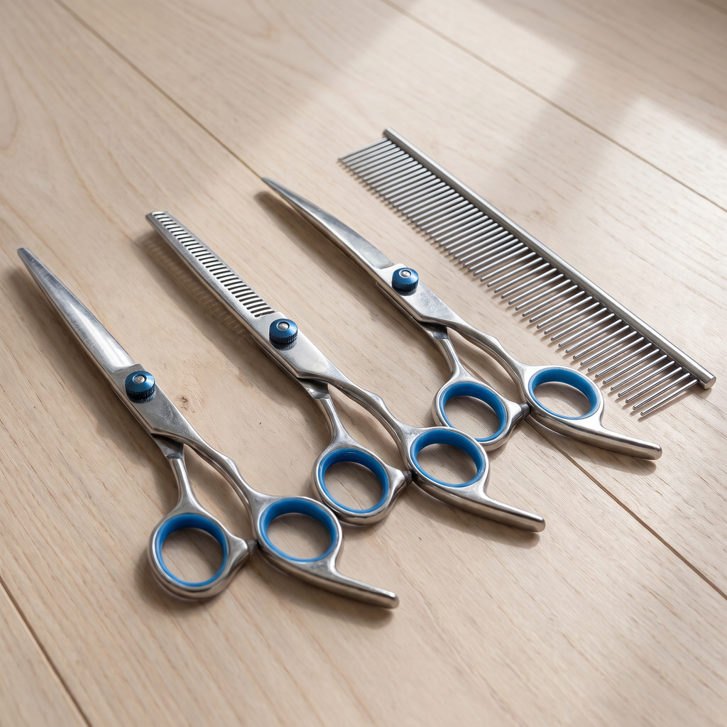 Three-quarter angle of the Apollochi dog grooming scissors kit on Australian timber floorboards