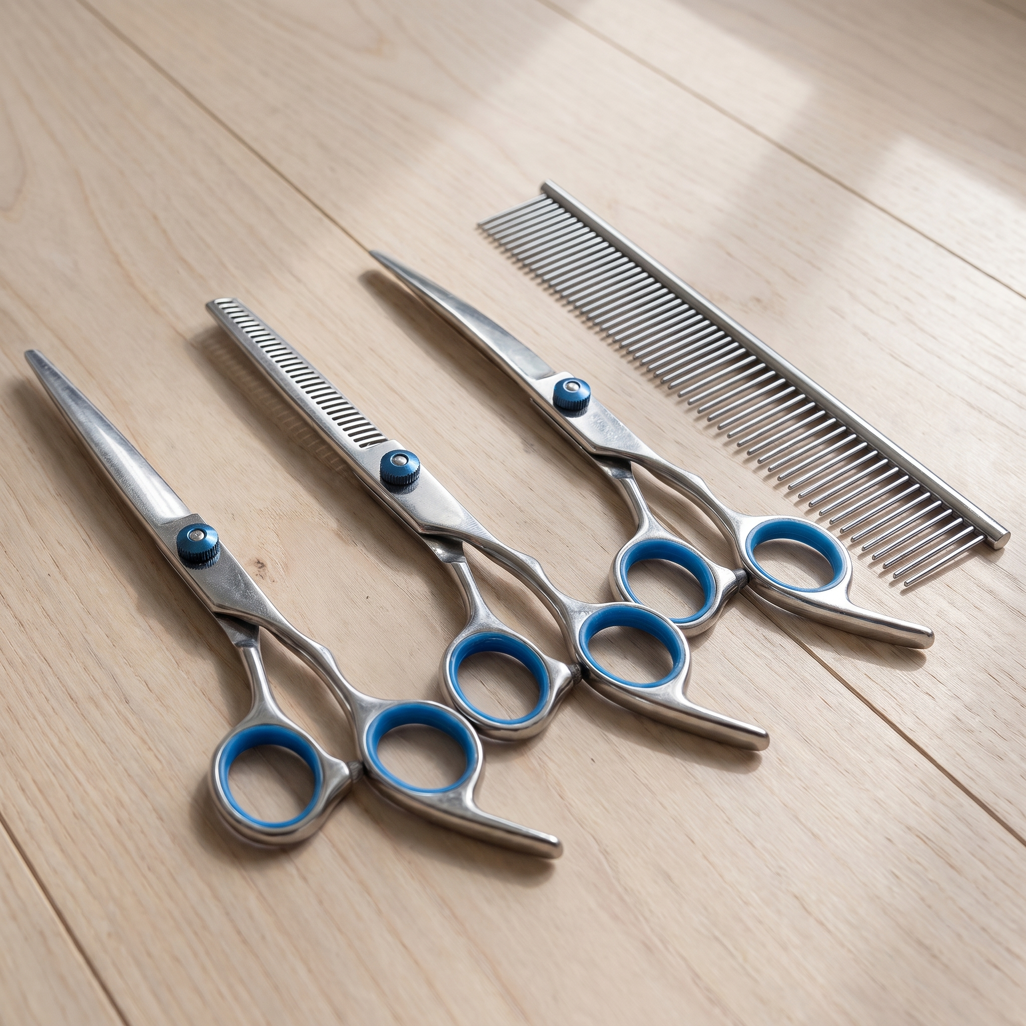 Three-quarter angle of the Apollochi dog grooming scissors kit on Australian timber floorboards