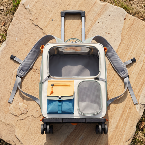 Top-down flat lay of the Apollochi convertible backpack carrier with shoulder straps spread out on an Australian sandstone paver