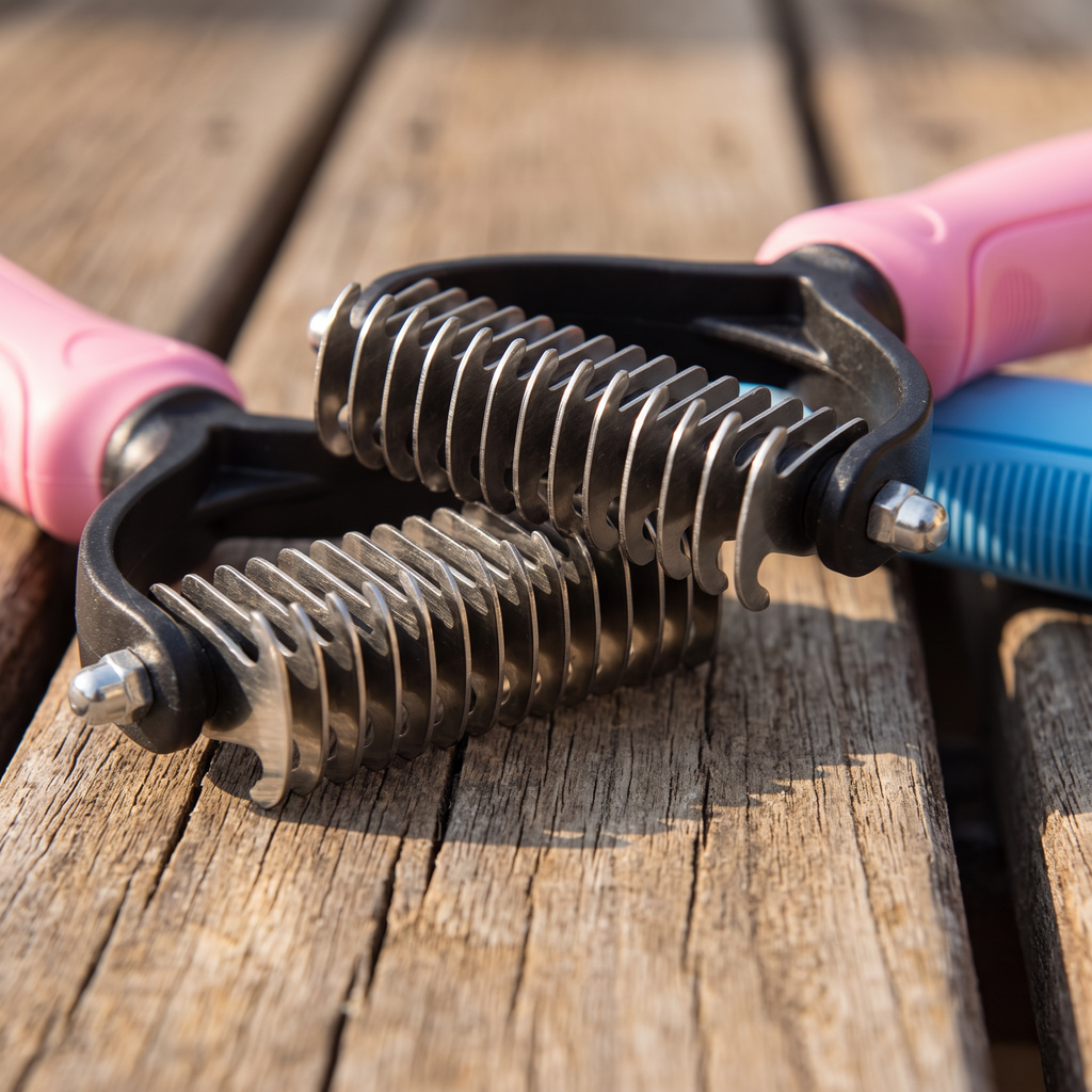 Macro close-up of the curved stainless-steel dematting blades on the Apollochi dematting comb